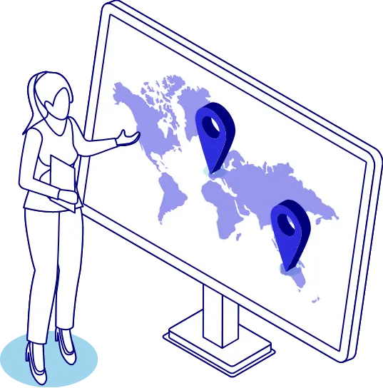 femme faisant une présentation devant un écran d'ordinateur affichant une carte du monde munie de marqueurs